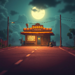 slow camera pan across a lonely highway at night, old dhaba glowing with dim yellow lights, light fog moving, cinematic horror mood, smooth motion