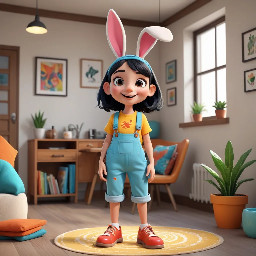 coneja con pantalon corto y tirantes, sandalias en los pies