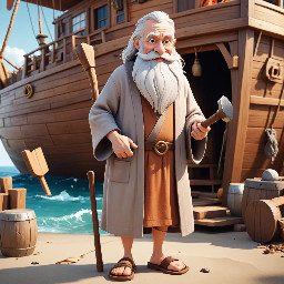 A tall old man with long white beards wearing a brown ancient robe and sandals. He holds a hammer in his left hand while looking. He is standing beside a large wooden ship located on dry ground
