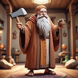 An old man with long white beards wearing a brown ancient robe and sandals. He holds a hammer in his left hand while looking up