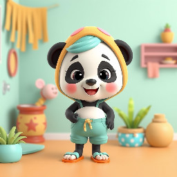 osa panda con lacito turquesa, con bañador, pantalones cortos, sandalias turquesa en los pies