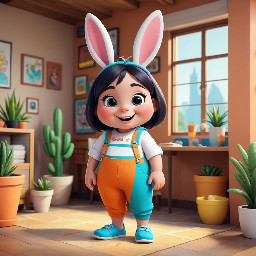 coneja con pantalon corto y tirantes, sandalias en los pies