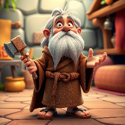 An old man with long white beards wearing a brown ancient robe and sandals. He holds a hammer in his left hand while looking up