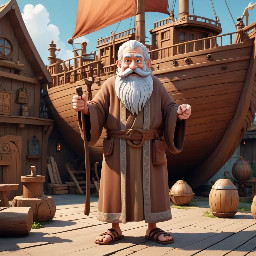 A tall old man with long white beards wearing a brown ancient robe and sandals. He holds a hammer in his left hand while looking. He is standing beside a large wooden ship with a roof covered round and windows. The ship is located on dry ground