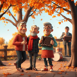 Gros plan d'un couple de danseurs de quarante ans en automne sous les arbres dont les feuille tombent. En arrière-plan un homme accordéoniste et un homme musicien à la batterie, cymbales, grosses caisses et caisses claires