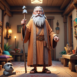 A tall old man with long white beards wearing a brown ancient robe and sandals. He holds a hammer in his left hand while looking up