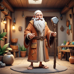 An old man with long white beards wearing a brown ancient robe and sandals. He holds a hammer in his left hand while looking up