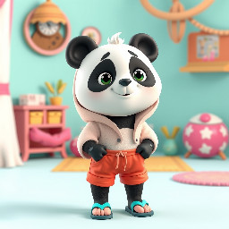 osa panda con lacito turquesa, con bañador, pantalones cortos, sandalias turquesa en los pies