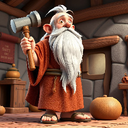 A tall old man with long white beards wearing a brown ancient robe and sandals. He holds a hammer in his left hand while looking up