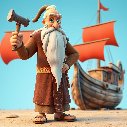 A tall old man with long white beards wearing a brown ancient robe and sandals. He holds a hammer in his left hand while looking. He is standing beside a large wooden ship located on dry ground