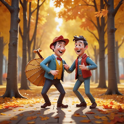 Gros plan d'un couple de danseurs de quarante ans en automne sous les arbres dont les feuille tombent. En arrière-plan un homme accordéoniste et un homme musicien à la batterie, cymbales, grosses caisses et caisses claires