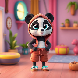 osa panda con lacito turquesa, con bañador, pantalones cortos, sandalias turquesa en los pies