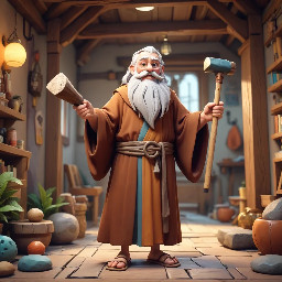 A tall old man with long white beards wearing a brown ancient robe and sandals. He holds a hammer in his left hand while looking up