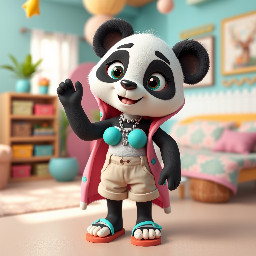 osa panda con lacito turquesa, con bañador, pantalones cortos, sandalias turquesa en los pies