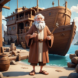 A tall old man with long white beards wearing a brown ancient robe and sandals. He holds a hammer in his left hand while looking. He is standing beside a large wooden ship located on dry ground