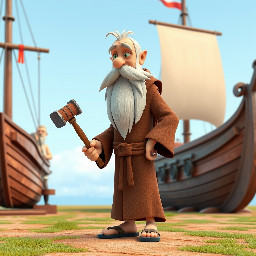 A tall old man with long white beards wearing a brown ancient robe and sandals. He holds a hammer in his left hand while looking. He is standing beside a large wooden ship located on dry ground