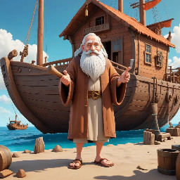 A tall old man with long white beards wearing a brown ancient robe and sandals. He holds a hammer in his left hand while looking. He is standing beside a large wooden ship with a roof covered round and windows. The ship is located on dry ground