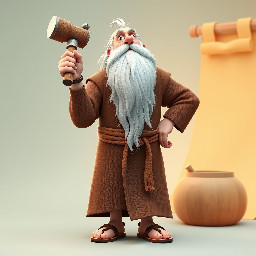A tall old man with long white beards wearing a brown ancient robe and sandals. He holds a hammer in his left hand while looking up