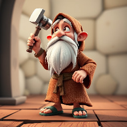 An old man with long white beards wearing a brown ancient robe and sandals. He holds a hammer in his left hand while looking up