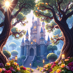 Create a breathtaking, ultra-detailed 3D animated background. The visual style should be unmistakably Disney, evoking classic animation techniques with a modern rendering fidelity. The entire scene is set during a radiant daytime, bathed in soft, glowing sunlight, and is deeply inspired by the enchanting world of Cinderella, the 'Crystal Slipper Princess'. Implement exquisite, magical illumination characterized by brilliant, ethereal reflections dancing across surfaces, and meticulously crafted subtle shadows that dramatically enhance depth and volumetric presence. Volumetric light rays pierce through the canopy, adding to the magical ambiance. At the heart of the composition stands a magnificent, grand fairytale castle, its architecture blending elegant Gothic and whimsical Baroque elements, designed as the central focal point. This majestic structure is nestled deep within a fantastical, thematic forest that perfectly complements Cinderella's narrative. The forest itself is lush and vibrant, featuring ancient, gnarled trees with shimmering, almost crystalline leaves, bioluminescent flora, and a gentle, magical mist weaving through the undergrowth, enhancing the mystical ambiance. Ensure every element, from the intricate carvings on the castle walls to the individual dew drops on leaves, is rendered with hyper-detail and pristine clarity, guaranteeing an exceptionally high-resolution final image suitable for print. The composition should strictly adhere to a vertical aspect ratio of 9:16.