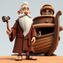 A tall old man with long white beards wearing a brown ancient robe and sandals. He holds a hammer in his left hand while looking. He is standing beside a large wooden ship with a roof covered round and windows. The ship is located on dry ground