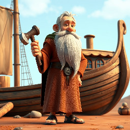 A tall old man with long white beards wearing a brown ancient robe and sandals. He holds a hammer in his left hand while looking. He is standing beside a large wooden ship with a roof covered round and windows. The ship is located on dry ground